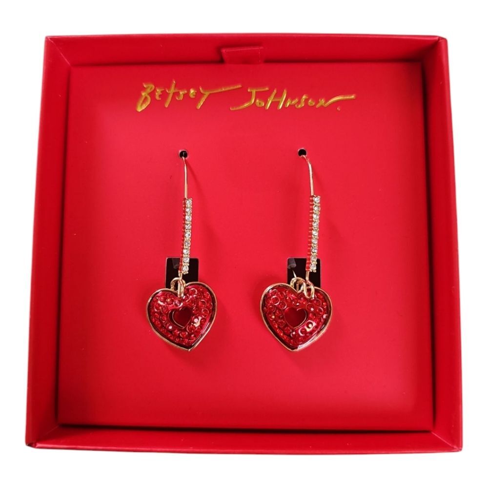 Betsey Johnson Red Pave Heart Dangle Earrings - New In Gift Box Holiday Gift